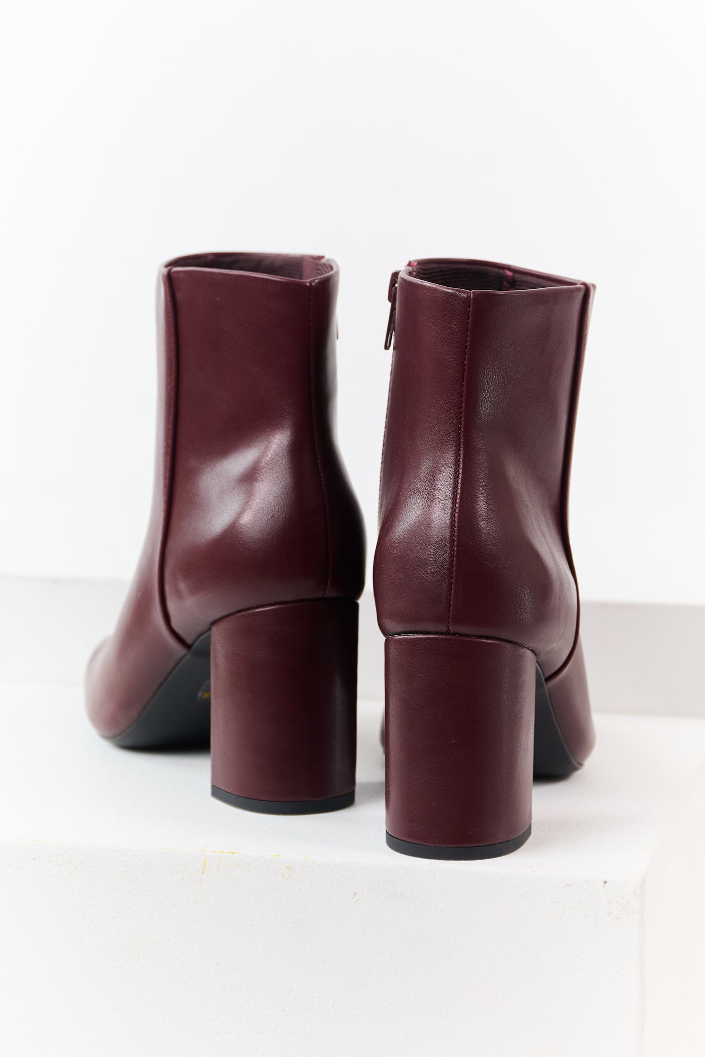 Wine Faux Leather Block Heel Pointed Toe Booties