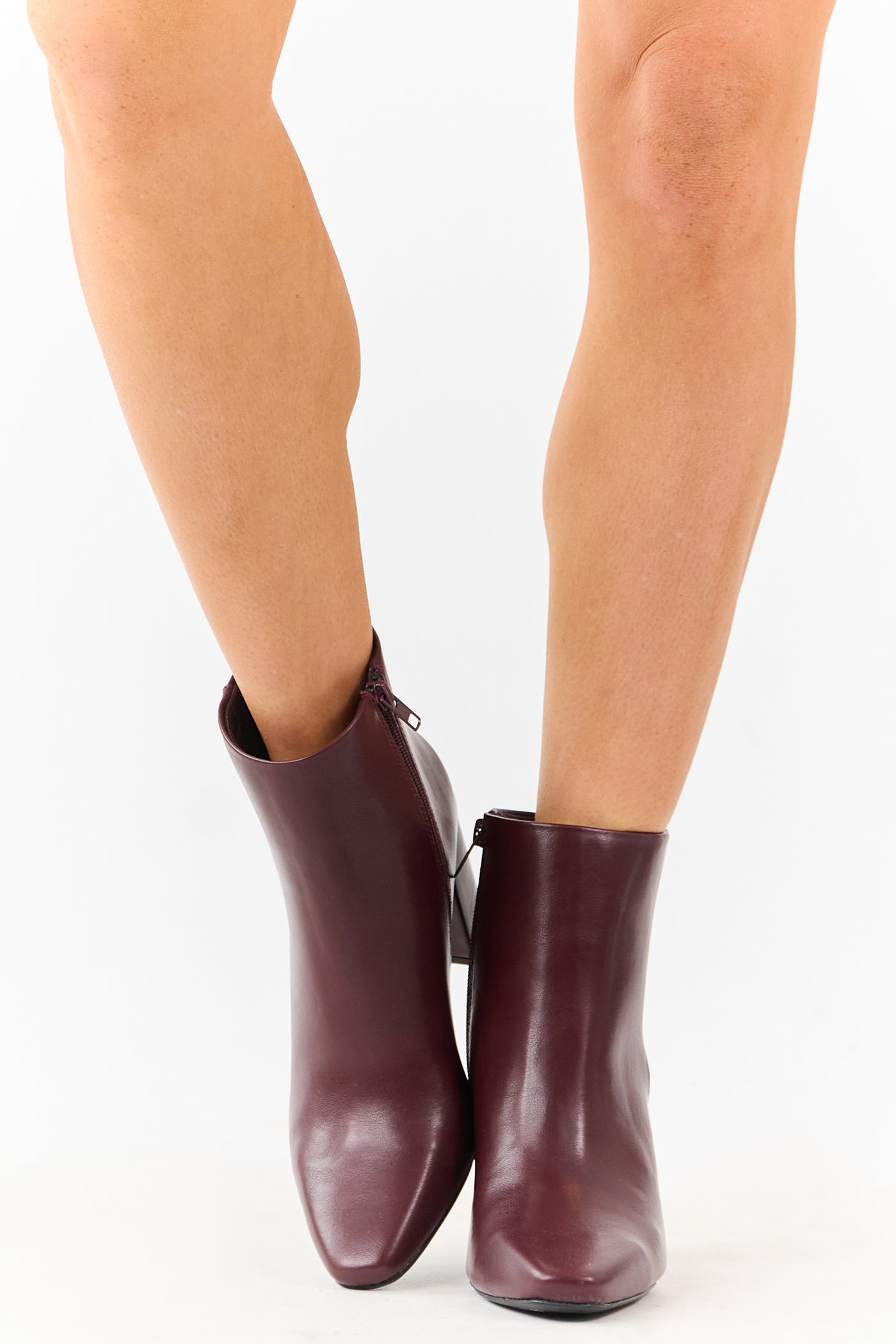 Wine Faux Leather Block Heel Pointed Toe Booties