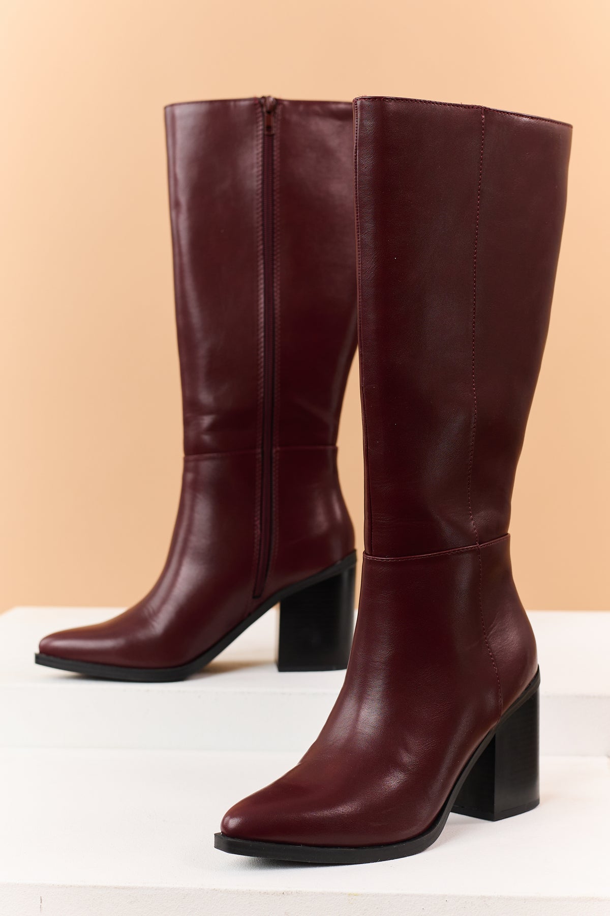 Wine Faux Leather Pointed Toe Tall Boots
