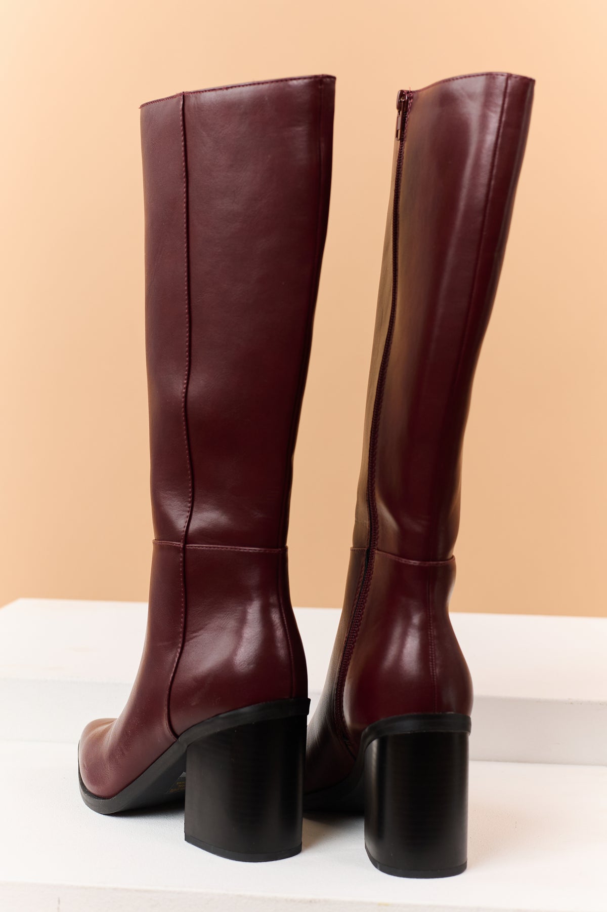 Wine Faux Leather Pointed Toe Tall Boots