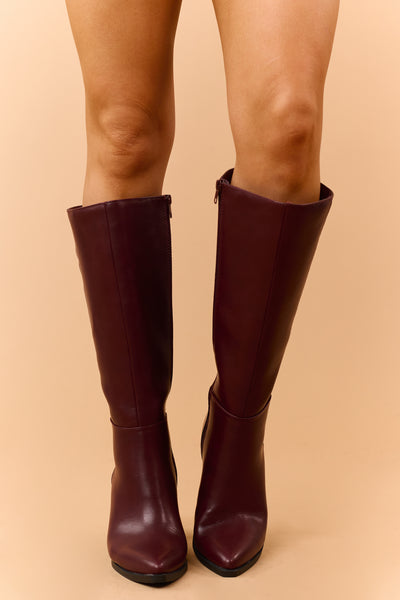 Wine Faux Leather Pointed Toe Tall Boots