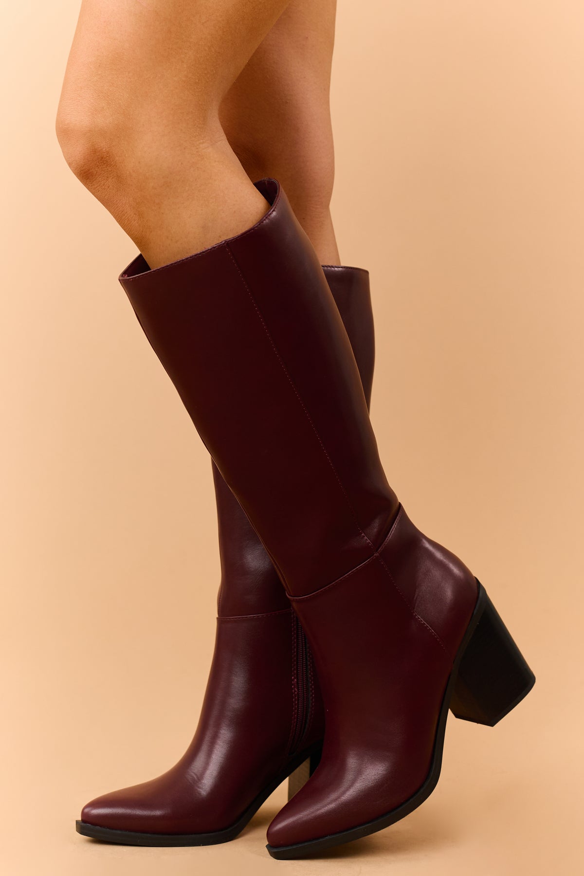 Wine Faux Leather Pointed Toe Tall Boots