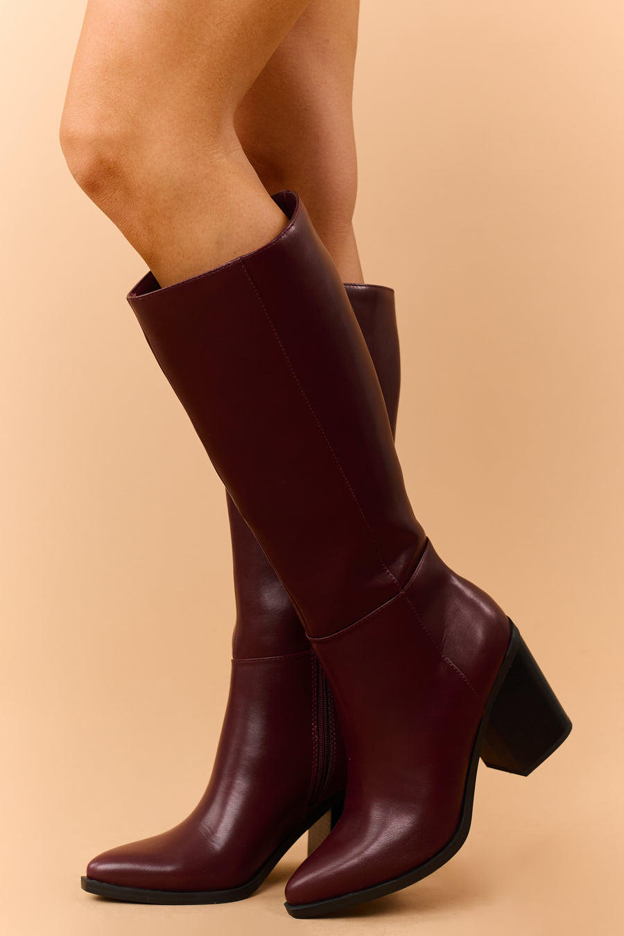 Wine Faux Leather Pointed Toe Tall Boots