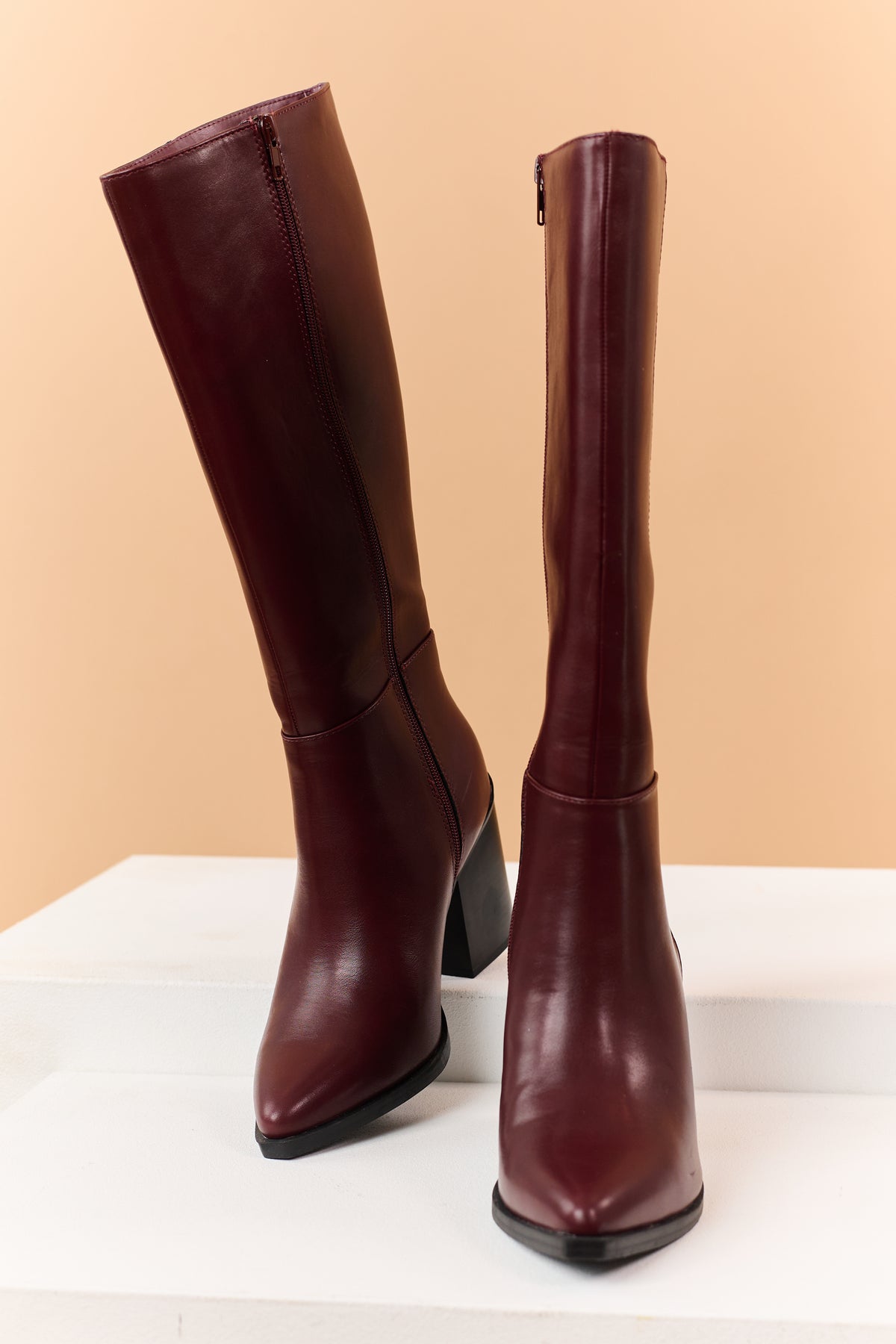 Wine Faux Leather Pointed Toe Tall Boots
