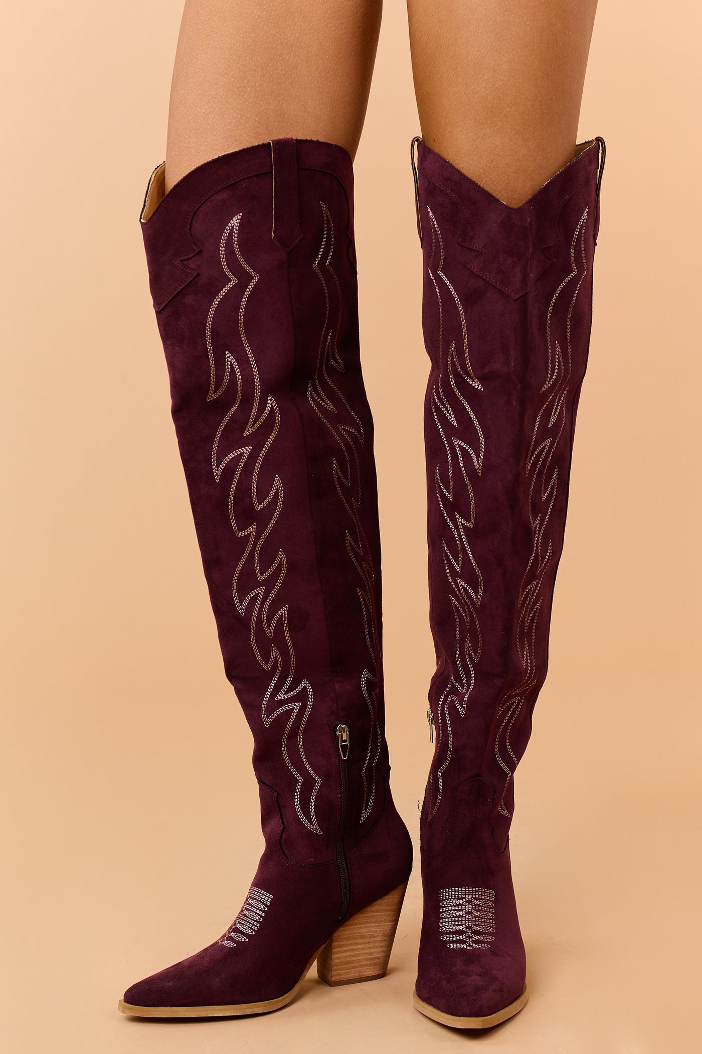 Wine Faux Suede Over Knee Embroidered Western Boots
