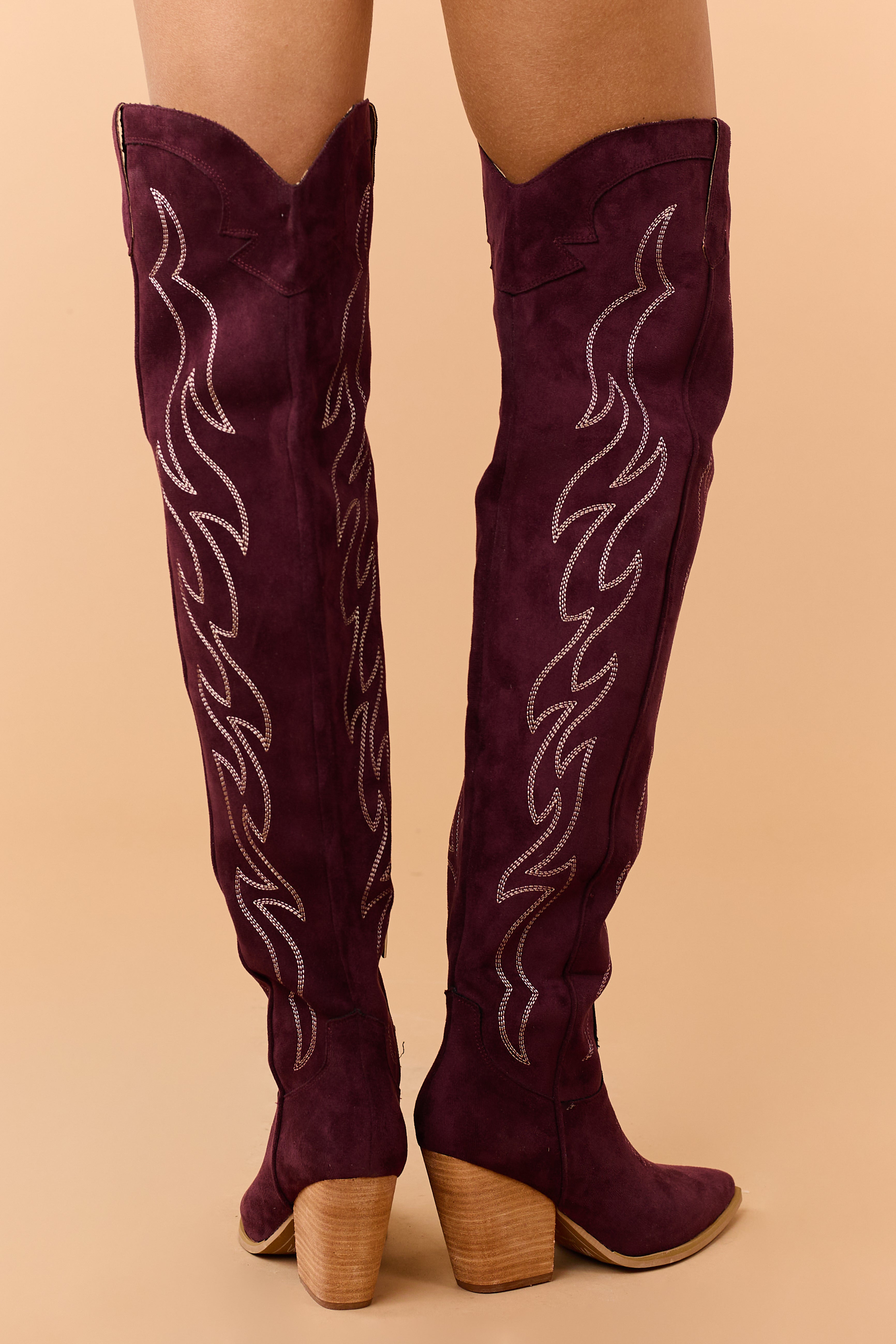 Wine Faux Suede Over Knee Embroidered Western Boots