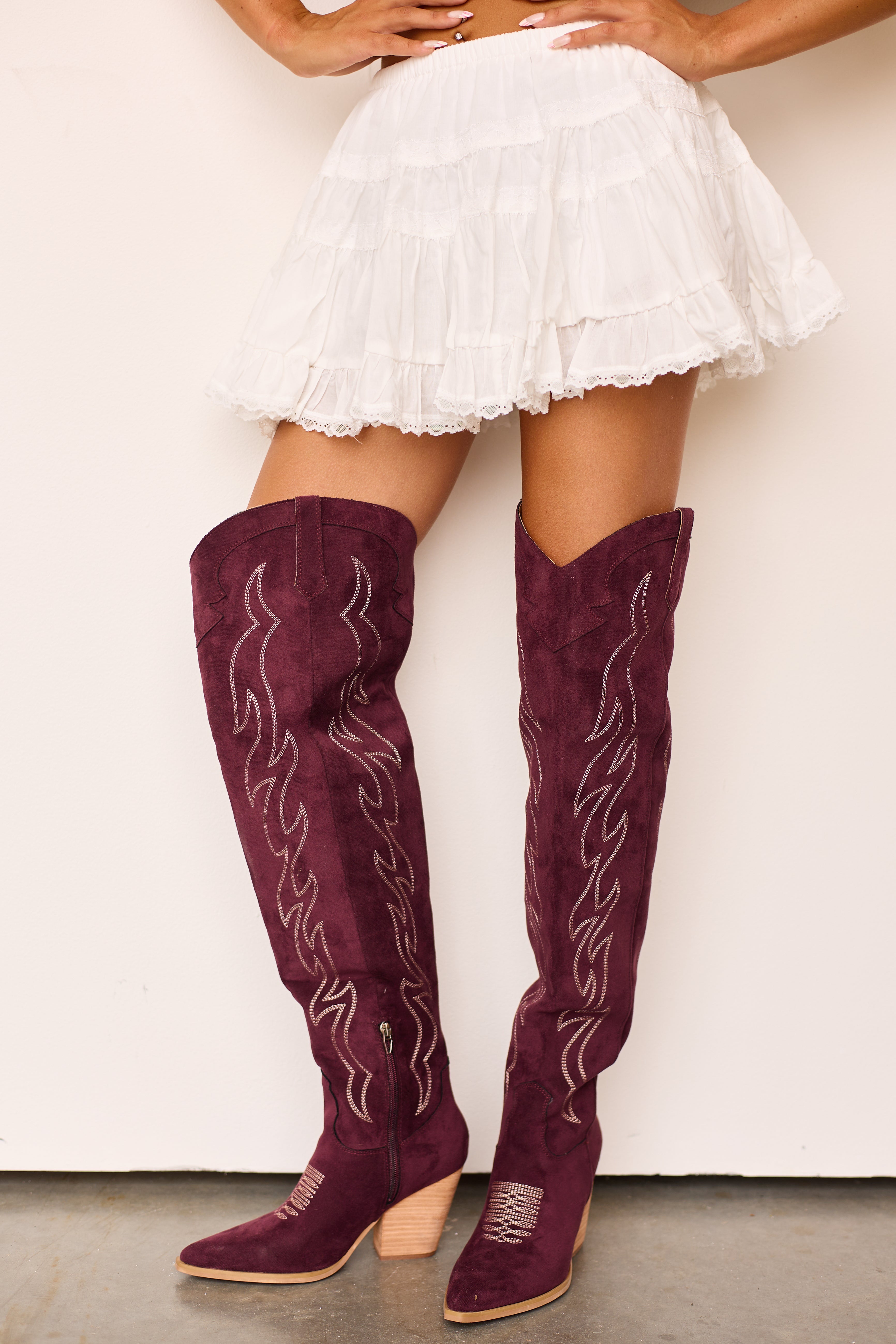 Wine Faux Suede Over Knee Embroidered Western Boots