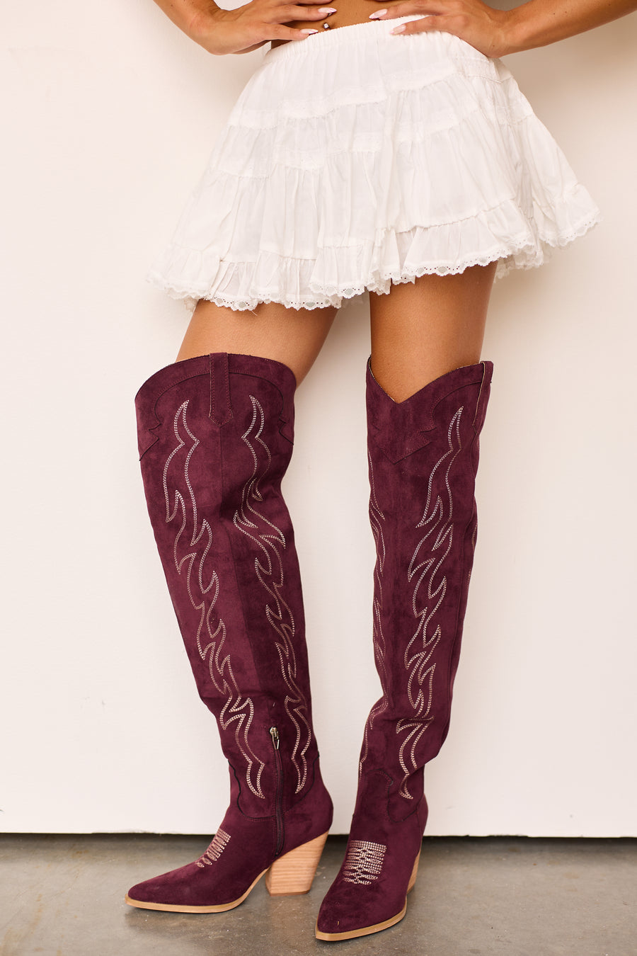 Wine Faux Suede Over Knee Embroidered Western Boots