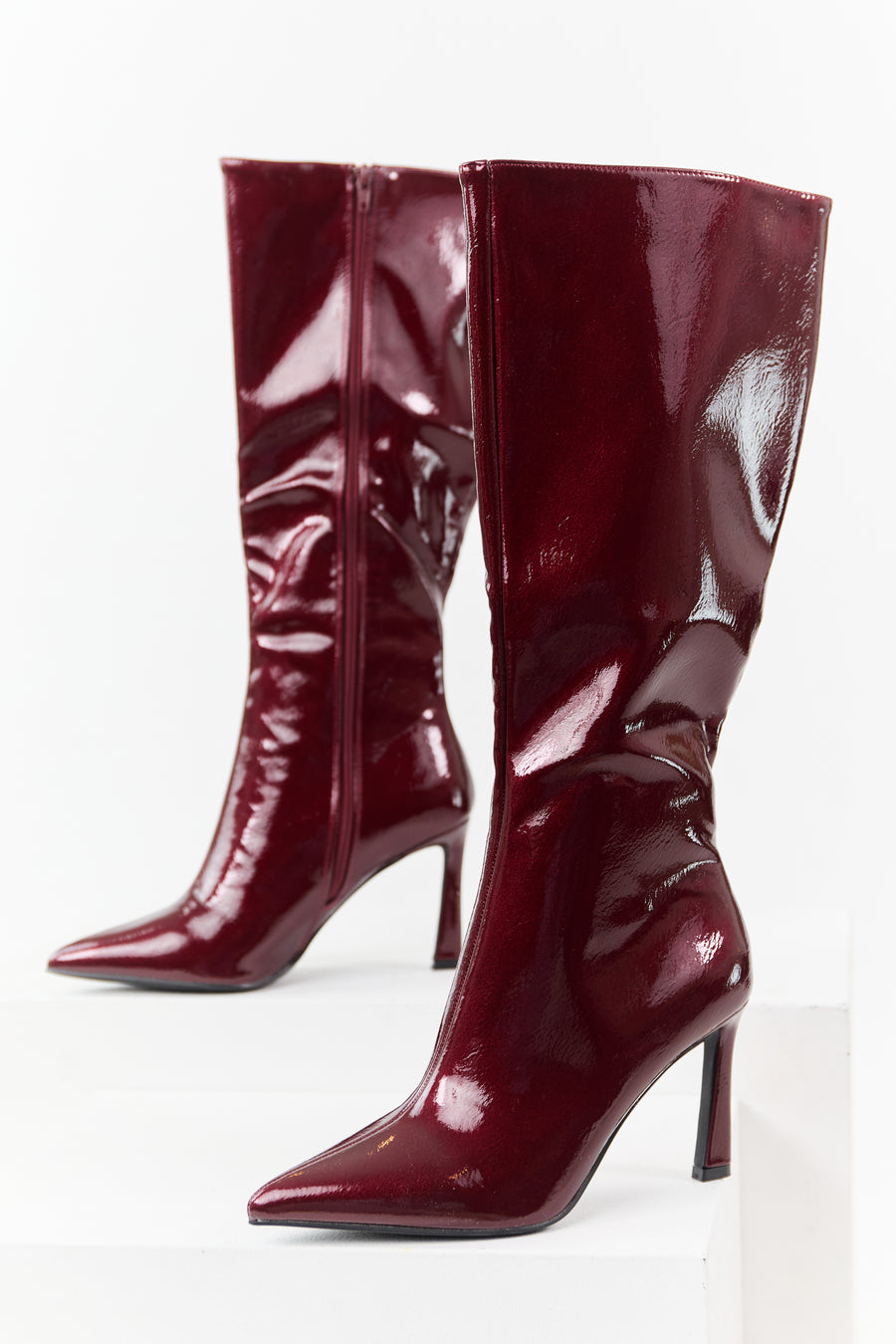 Wine Patent Faux Leather High Heel Tall Boots