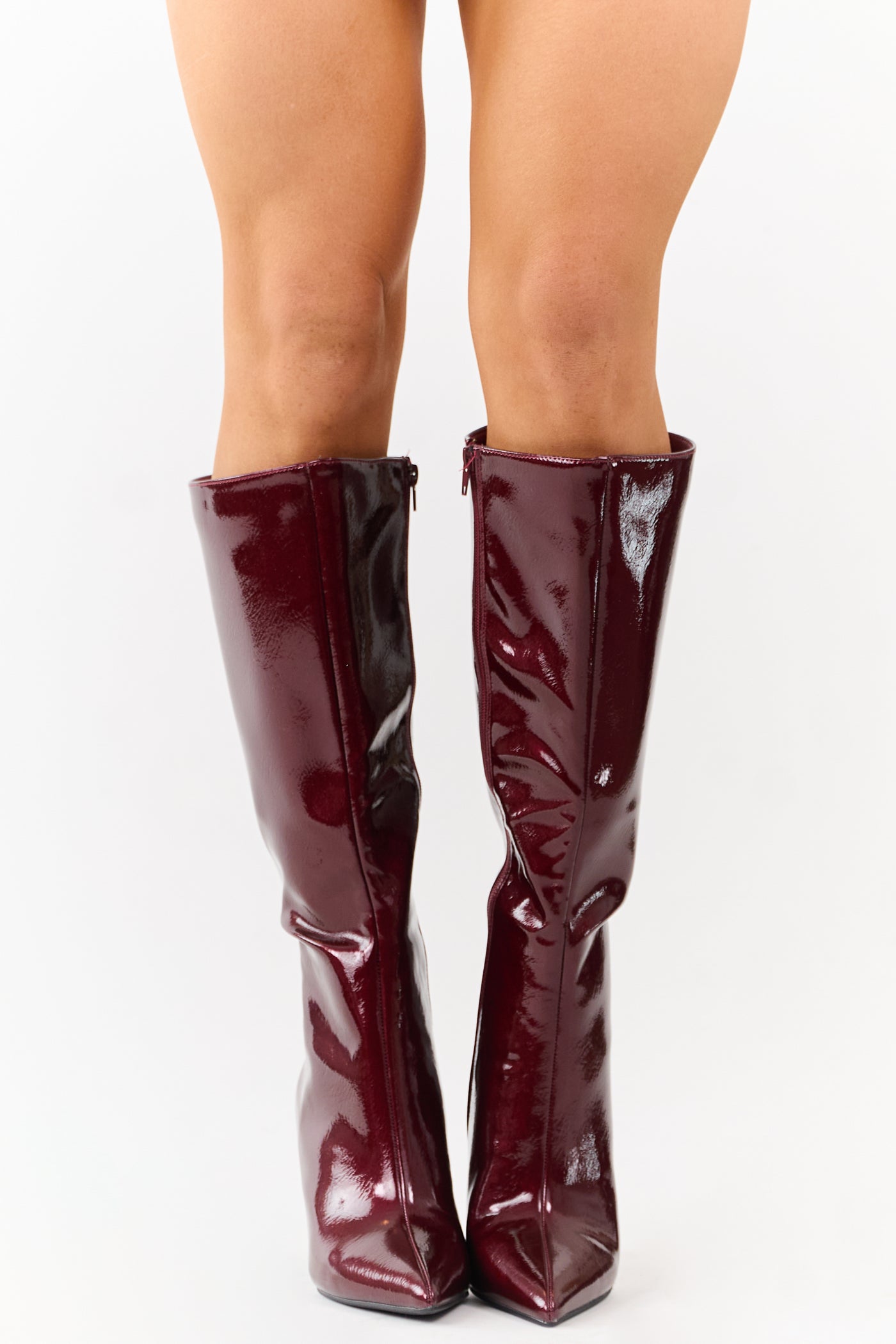 Wine Patent Faux Leather High Heel Tall Boots