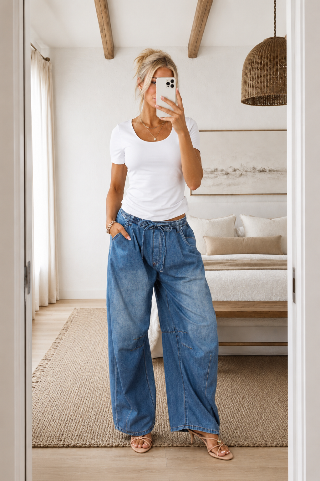 Listicle Medium Wash Denim Drawstring Wide Leg Pants