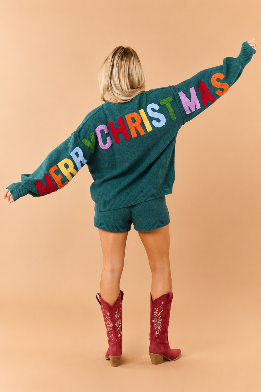 Mello Pine Green Christmas Lettering Knit Sweater