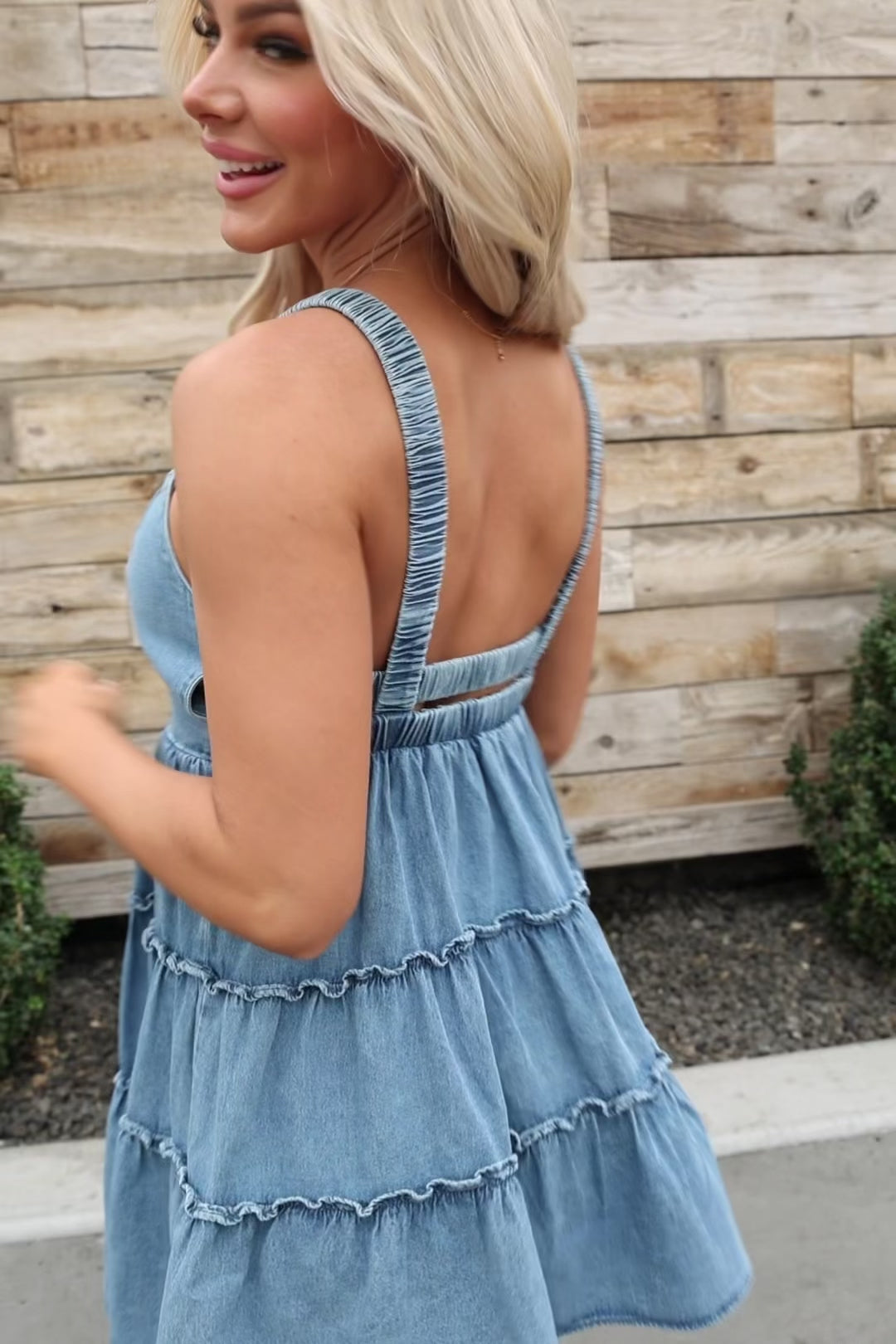 Light Denim Sleeveless Tiered Frill Mini Dress