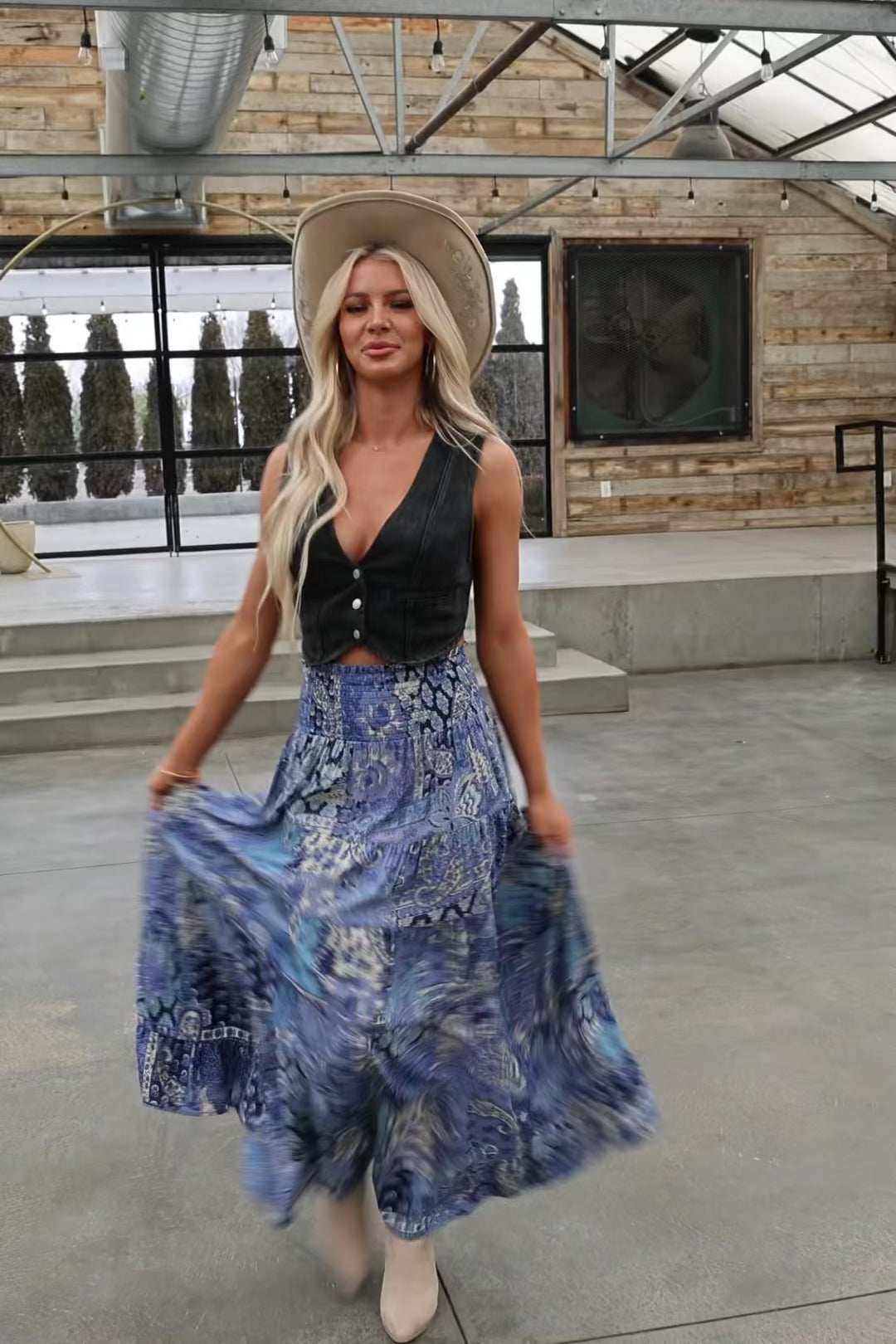 Dusty Blue Floral Print Smocked Tiered Maxi Skirt