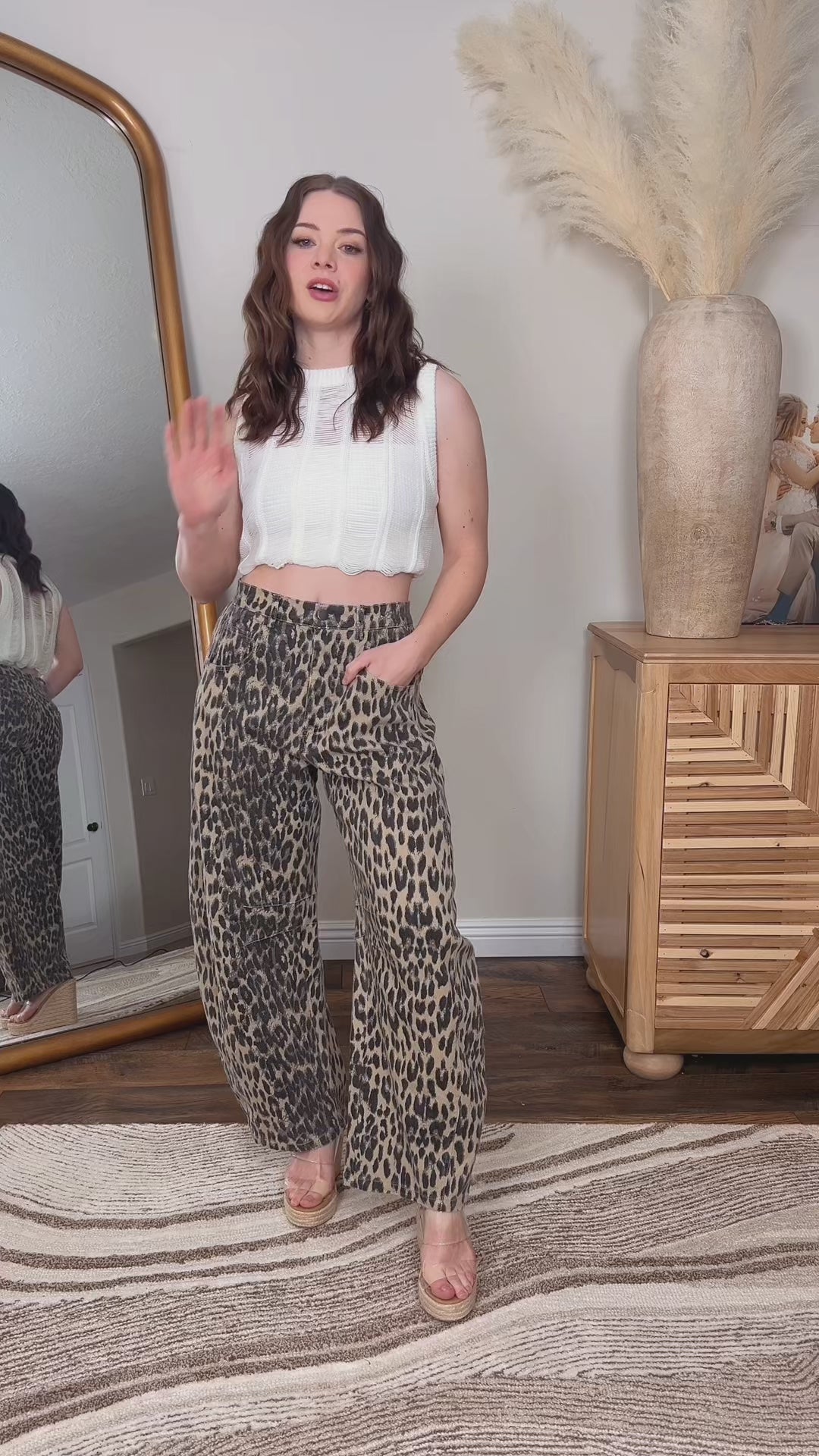 Camel Leopard Print High Rise Button Fly Barrel Jeans
