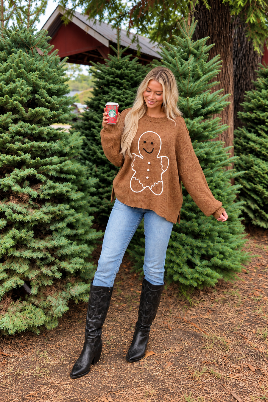 Brown Sugar Gingerbread Graphic Brushed Knit Sweater