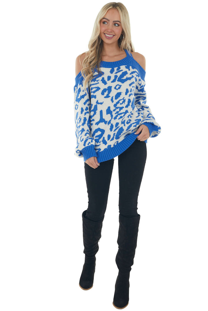 Cobalt Blue Leopard Print Cold Shoulder Sweater