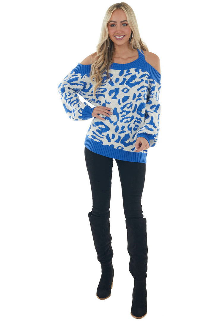Cobalt Blue Leopard Print Cold Shoulder Sweater