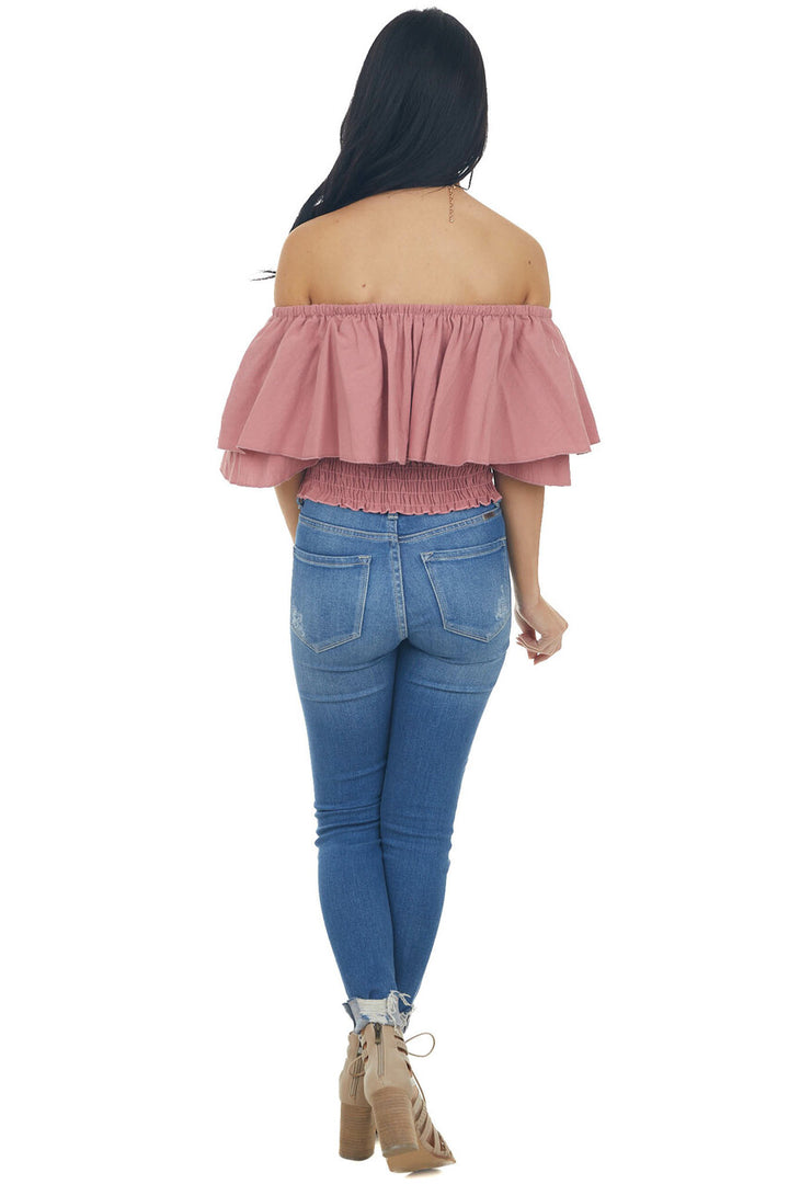 Thulian Pink Off Shoulder Overlay Smocked Top