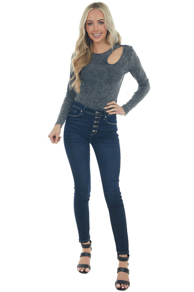 Charcoal Stone Washed Front Cutout Bodysuit