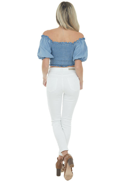 Light Wash Chambray Smocked Crop Top with Ruching Detail