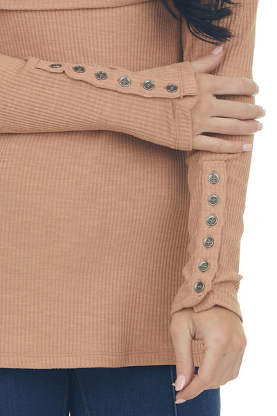 Dark Apricot Ribbed Knit Folded Off the Shoulder Top