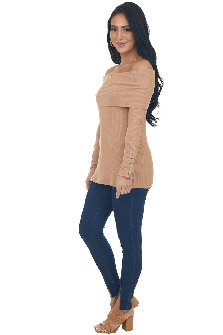 Dark Apricot Ribbed Knit Folded Off the Shoulder Top