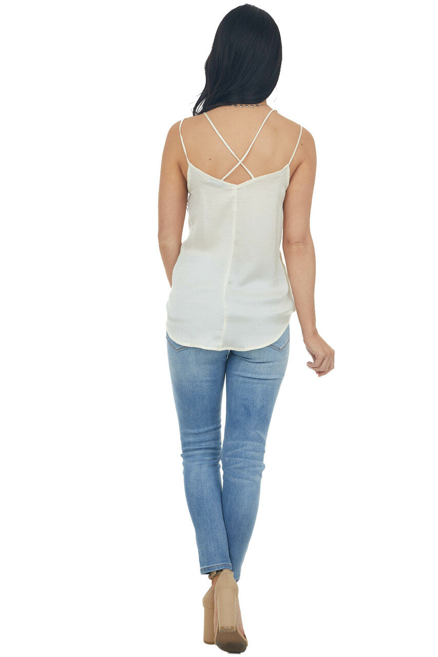 Ivory Surplice Woven Camisole Top with Lace Trim