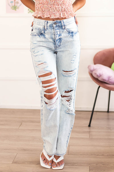 Acid Wash High Rise Boyfriend Jeans with Heavy Distressing