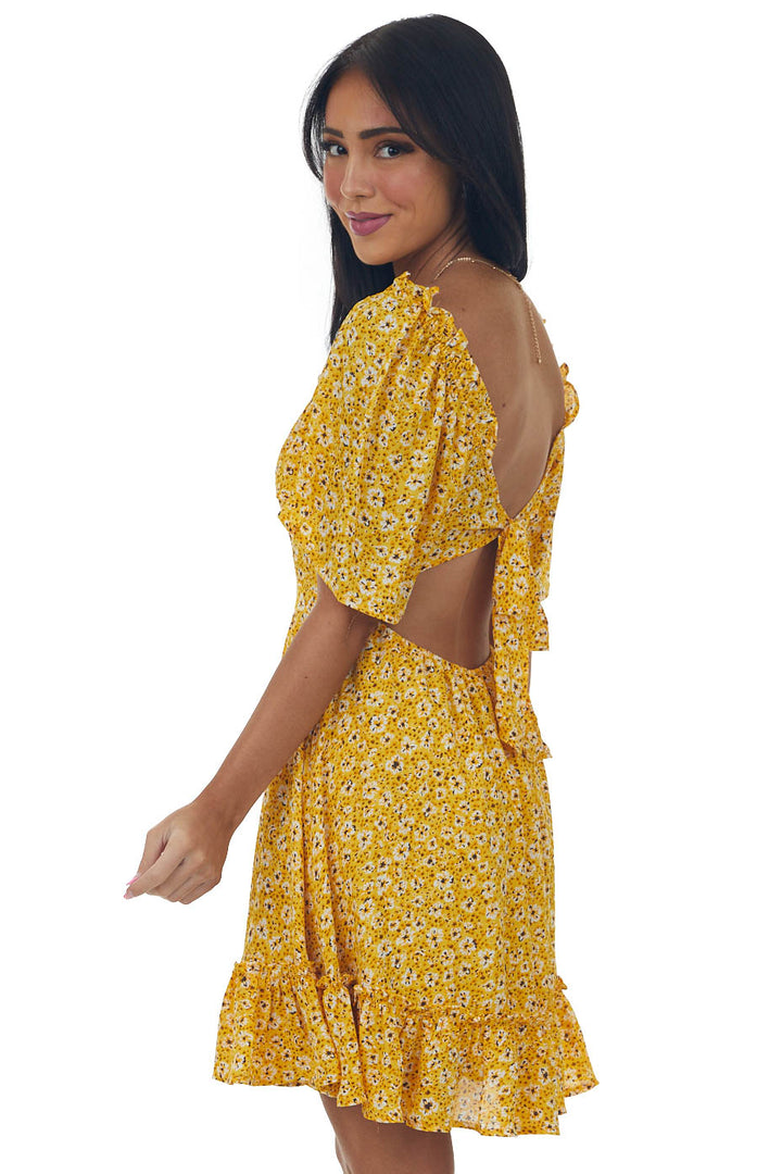 Amber Floral Open Back Bell Sleeve Short Dress