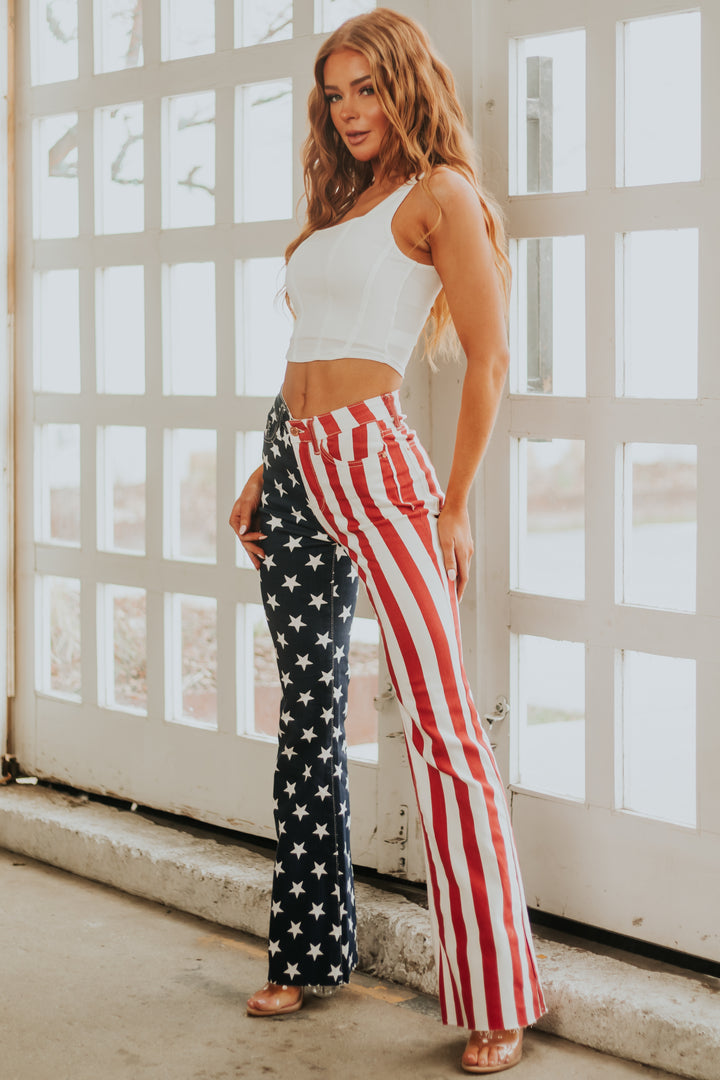 Americana Print Vintage High Rise Flare Jeans & Lime Lush