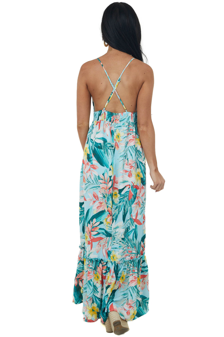 Aqua Floral Print Sleeveless Tiered Maxi Dress