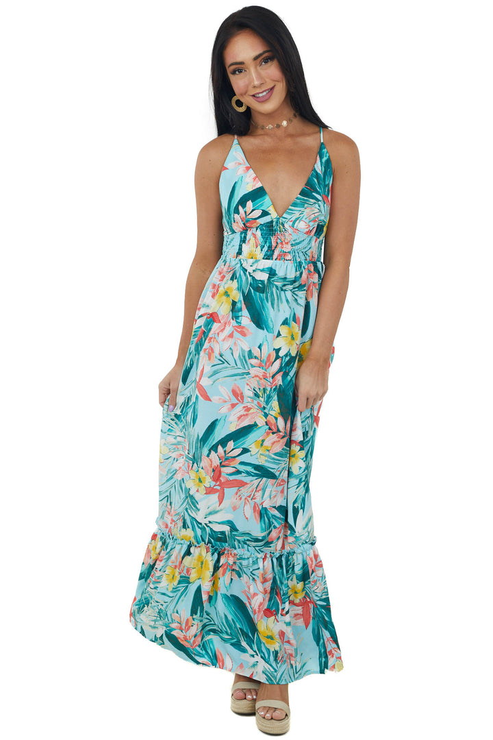 Aqua Floral Print Sleeveless Tiered Maxi Dress