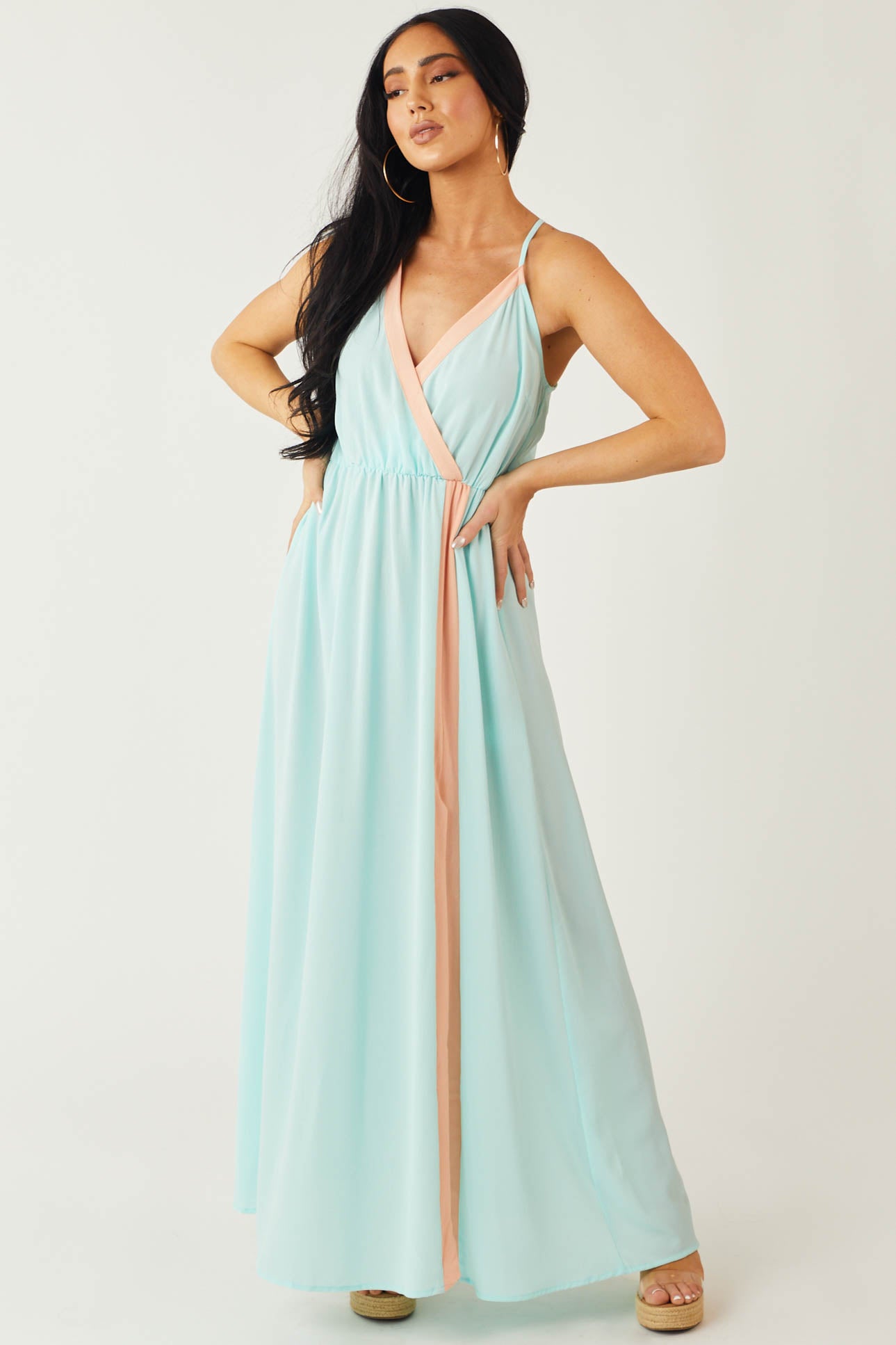 Aqua and Peach Sleeveless Maxi Dress with Side Slit Detail