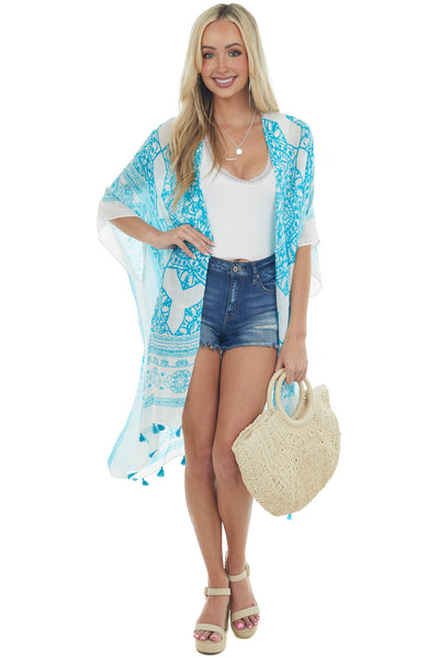 Azure Mandala Printed Kimono with Tassels