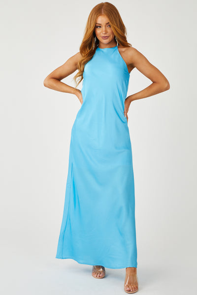 Azure Satin Halter Neckline Woven Maxi Dress