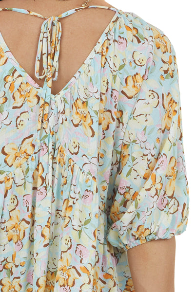 Baby Blue Floral Print V Neck Empire Waist Top