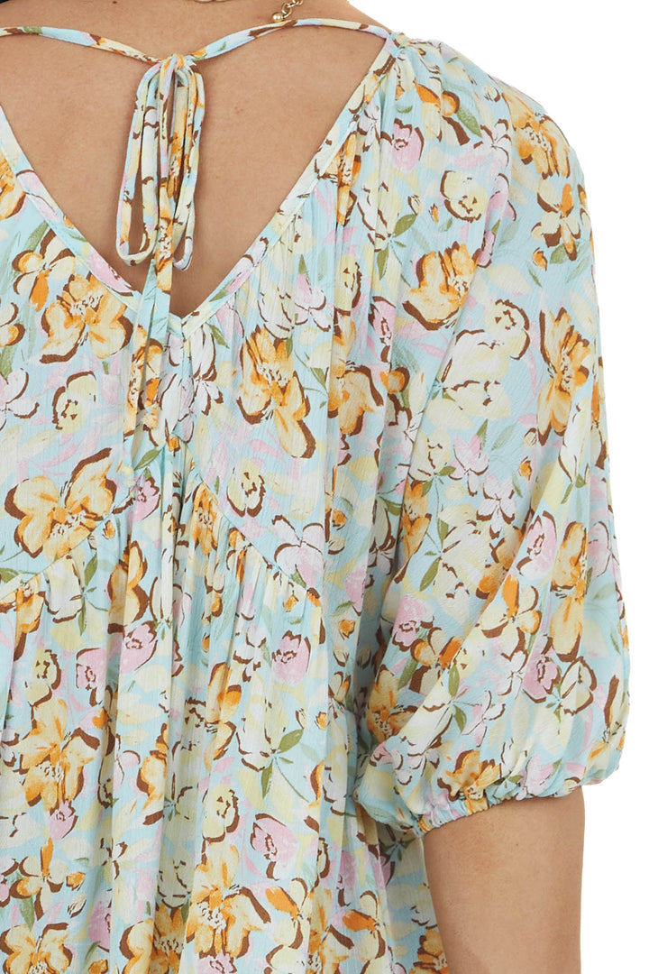Baby Blue Floral Print V Neck Empire Waist Top