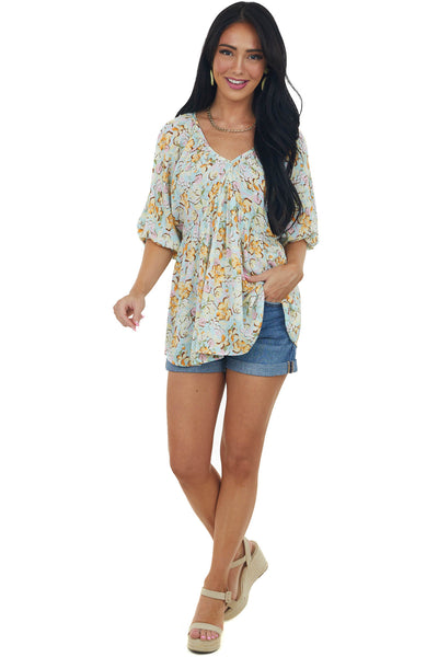 Baby Blue Floral Print V Neck Empire Waist Top