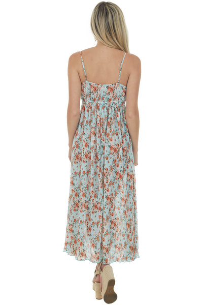 Baby Blue Floral Sleeveless Pleated Midi Dress