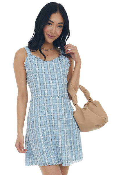 Baby Blue Plaid Metallic Threaded Woven Mini Dress