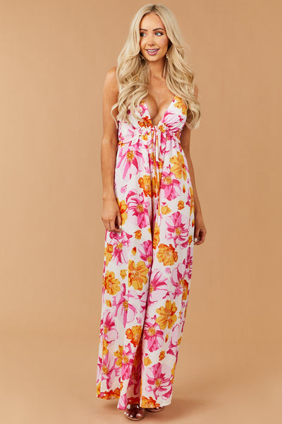 Baby Pink Floral Print V Neck Jumpsuit