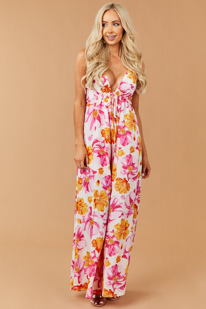 Baby Pink Floral Print V Neck Jumpsuit