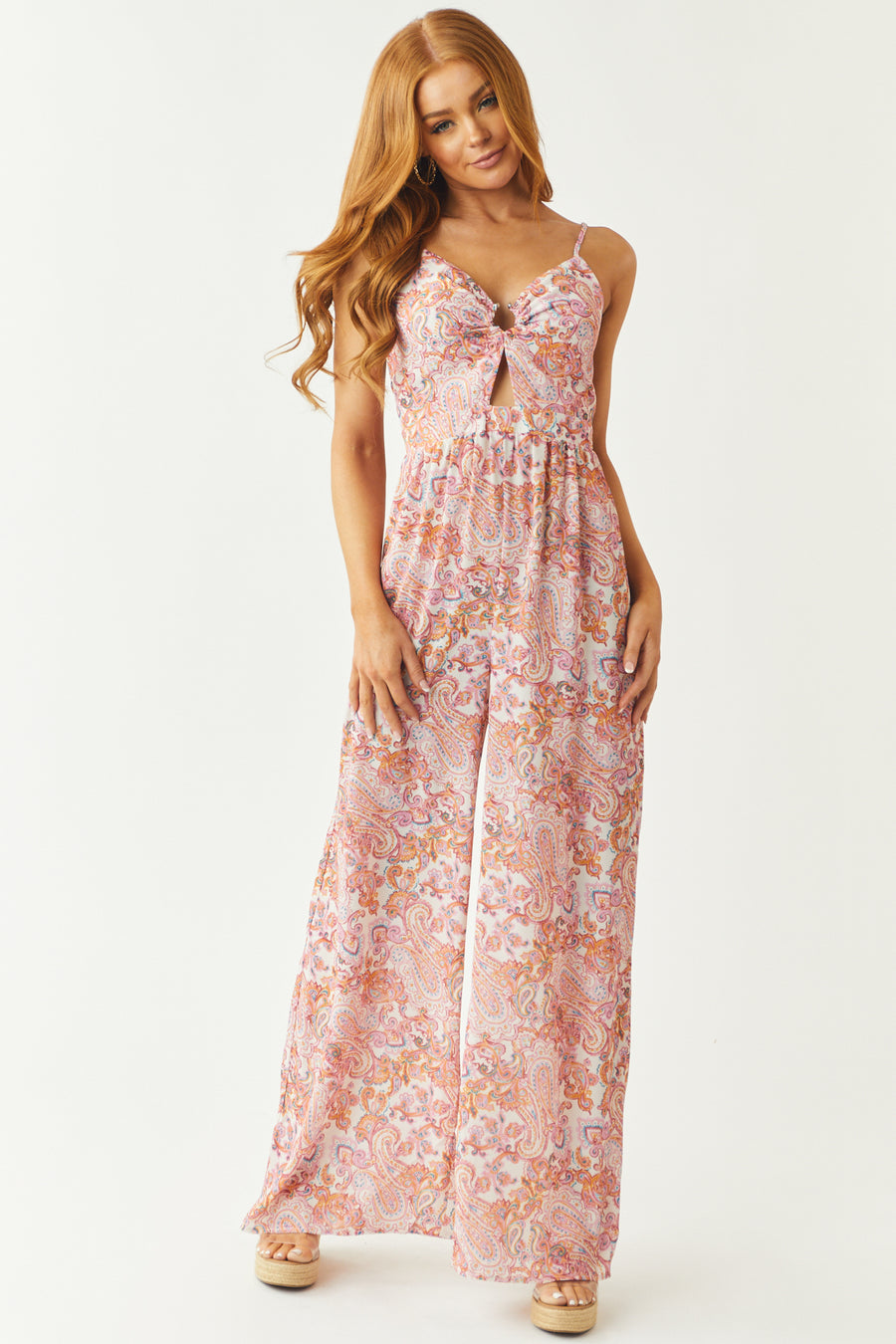 Baby Pink Paisley Metal Ring Cut Out Jumpsuit