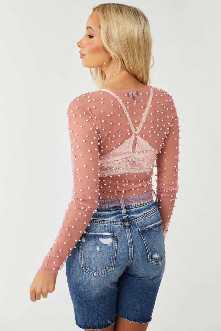 Baby Pink Rhinestone and Pearl Embellished Mesh Top