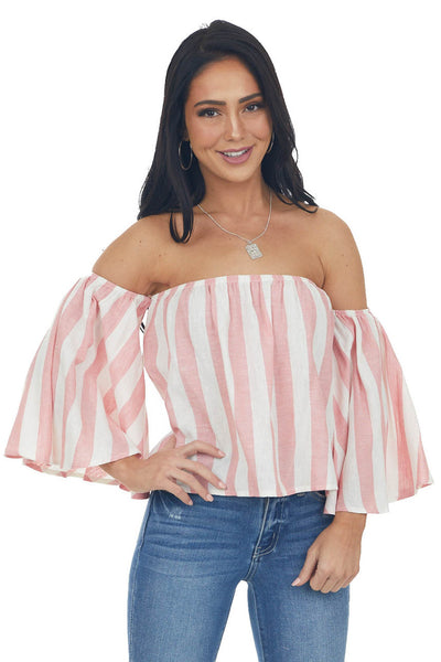 Baby Pink Striped Off the Shoulder Flared Sleeve Blouse