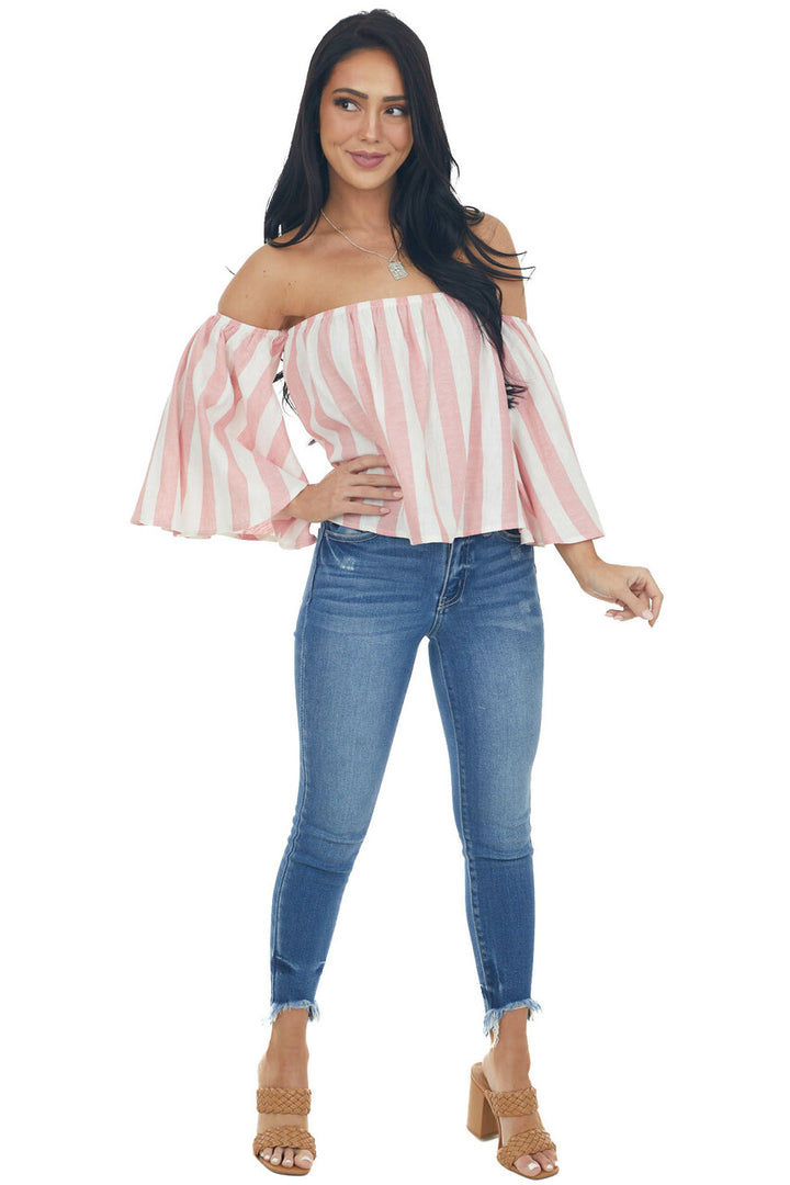 Baby Pink Striped Off the Shoulder Flared Sleeve Blouse