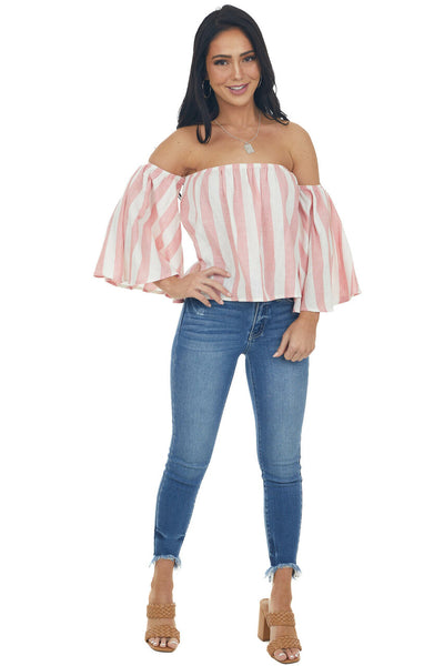 Baby Pink Striped Off the Shoulder Flared Sleeve Blouse