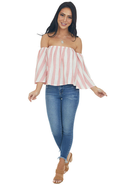 Baby Pink Striped Off the Shoulder Flared Sleeve Blouse