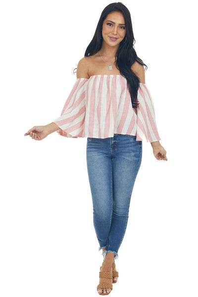 Baby Pink Striped Off the Shoulder Flared Sleeve Blouse